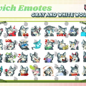 32x Cute Chibi Kawaii Gray Wolf With Yellow And Blue Eyes Twitch Discord Emotes / Forest Animal Emoji / Subscriber Loyalty Sub Bit Badges /