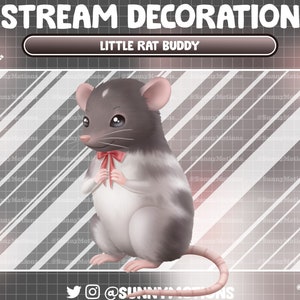 Könnte beinhalten: Eine Cartoon-Illustration einer grauen und weißen Ratte mit einer roten Schleife. Die Ratte sitzt auf einem grau-weiß karierten Hintergrund. Der Text "STREAM DECORATION" und "LITTLE RAT BUDDY" befindet sich oben im Bild.