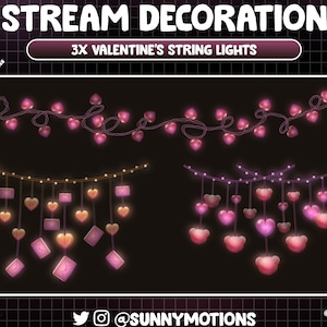 Decoración de transmisión animada: cadena de luces de San Valentín con corazón estético, cartas de amor románticas, superposición de Twitch para fiesta nocturna de osito de peluche para el día de la mujer