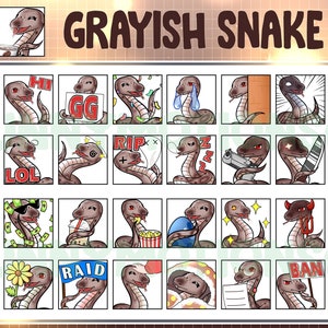 35 Szaro-czarny z czerwonymi oczami wąż Twitch Discord Mixer Youtube Emotes, Kawai Animal Emoji, Subskrybent, Loyalty Sub Bit Badge, Brown Emote