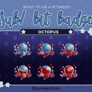 Cute Red Octopus Twitch Sub Badges / Bit Badges / Emote Liquid Octopus / Sea Animal Subscriber Badges / Bit Badges for Streamer, Discord