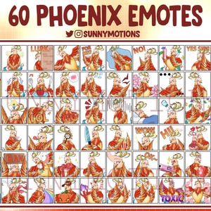 60 Cute Phoenix Twitch Emotes, Discord, Streamer, Fire Phoenix Bird Emoji Pack, Subscriber Loyalty Sub Bit Badge Channel Point Ready To Use