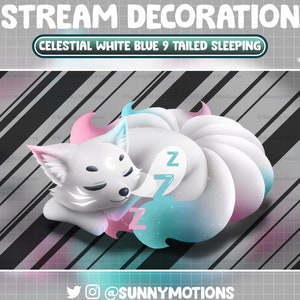 May include: A white nine-tailed fox with blue and pink accents is sleeping on a black and white striped background. The fox has a white crescent moon on its forehead and the text "Z" is written on its tail. The text "CELESTIAL WHITE BLUE 9 TAILED SLEEPING" is written in a banner above the fox. The text "@SUNNYMOTIONS" is written in the bottom right corner of the image.