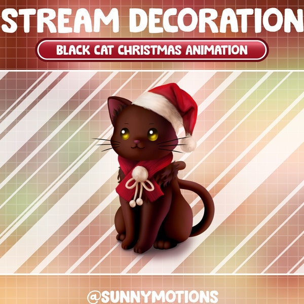 Animated Stream Decoration Animal Soft Plushy Toy / Lofi Aesthetic Christmas Black Red Kitty / Xmas Cat /Meow Add-on Kawaii Twitch Overlay