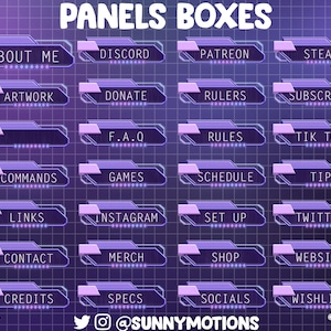 May include: A grid of purple and white panels with text labels for social media, information, and other links. The text labels include "About Me", "Artwork", "Discord", "Donate", "F.A.Q", "Commands", "Links", "Contact", "Credits", "Patreon", "Rulers", "Rules", "Schedule", "Games", "Instagram", "Set Up", "Merch", "Shop", "Specs", "Socials", "Steam", "Subscribe", "Tik Tok", "Tip", "Twitter", "Website", and "Wishlist".
