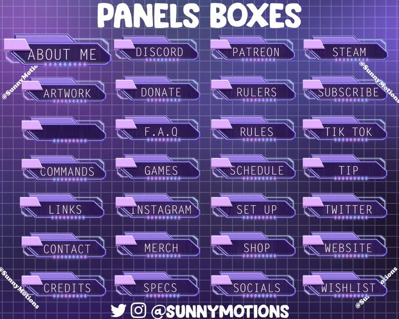 May include: A grid of purple and white panels with text labels for social media, information, and other links. The text labels include "About Me", "Artwork", "Discord", "Donate", "F.A.Q", "Commands", "Links", "Contact", "Credits", "Patreon", "Rulers", "Rules", "Schedule", "Games", "Instagram", "Set Up", "Merch", "Shop", "Specs", "Socials", "Steam", "Subscribe", "Tik Tok", "Tip", "Twitter", "Website", and "Wishlist".