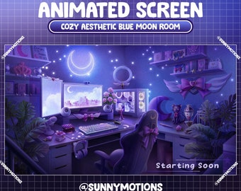 ANIMATED Twitch Stream Screen: Aesthetic Cozy Moon Girl Game Set Up Room, Angle Wing, Neon Royal Blue Night, Rose, Plant, Heart, Pink Bow