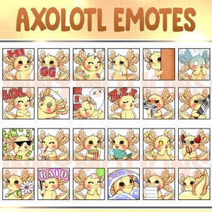 Puede incluir: Un conjunto de 36 emotes de ajolote que muestran diferentes expresiones y acciones. Los emotes están ilustrados en un estilo de dibujos animados con un esquema de color amarillo claro. Los emotes están dispuestos en una cuadrícula con un título en la parte superior que dice "AXOLOTL EMOTES".