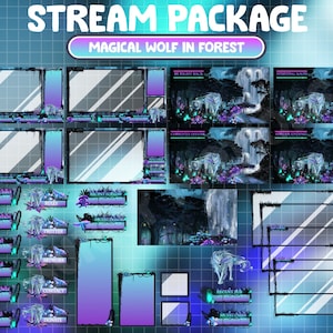 FULL ANIMATED Twitch Stream Package / Wolf In Glowing Spirit Forest / Magical Moon Light Design  / Fireflies / Mushroom / Waterfall / Bridge