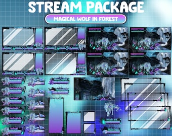 VOLLEDIG GEANIMEERD Twitch Stream-pakket / Wolf in Glowing Spirit Forest / Magisch maanlichtontwerp / Vuurvliegjes / Paddestoel / Waterval / Brug
