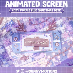 Pode incluir: Uma sobreposição de tela animada em roxo e azul com um console Nintendo Switch, um fundo temático de Natal e o texto "Stream Ended".