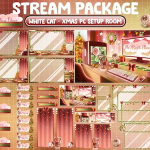 ANIMATED Twitch Overlay Stream Package / Lo-fi Aesthetic Merry Christmas / Retro Xmas Tree House / PC Set Up Winter Room /White Cat In Santa