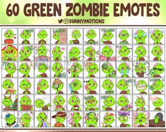 May include: A collection of 60 green zombie emotes with various expressions and text bubbles. The emotes feature cartoon zombies with different emotions, such as anger, joy, and confusion. The text includes words like "LURK", "LOL", and "TOXIC".