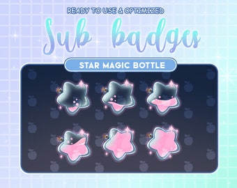 May include: Six animated star-shaped bottles with pink liquid inside. The bottles are in different stages of filling, with the first bottle empty and the last bottle full. The bottles are on a dark blue background with a pattern of apples. The text "STAR MAGIC BOTTLE" is above the bottles.