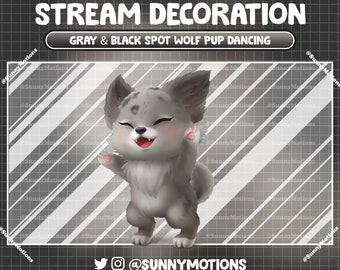 Animated Stream Decoration: Aesthetic Gray Black Spot Wolf Pup Dancing, Baby Dog Cub Twitch Overlay Animal Wild Forest Fox Pup Vtuber Asset