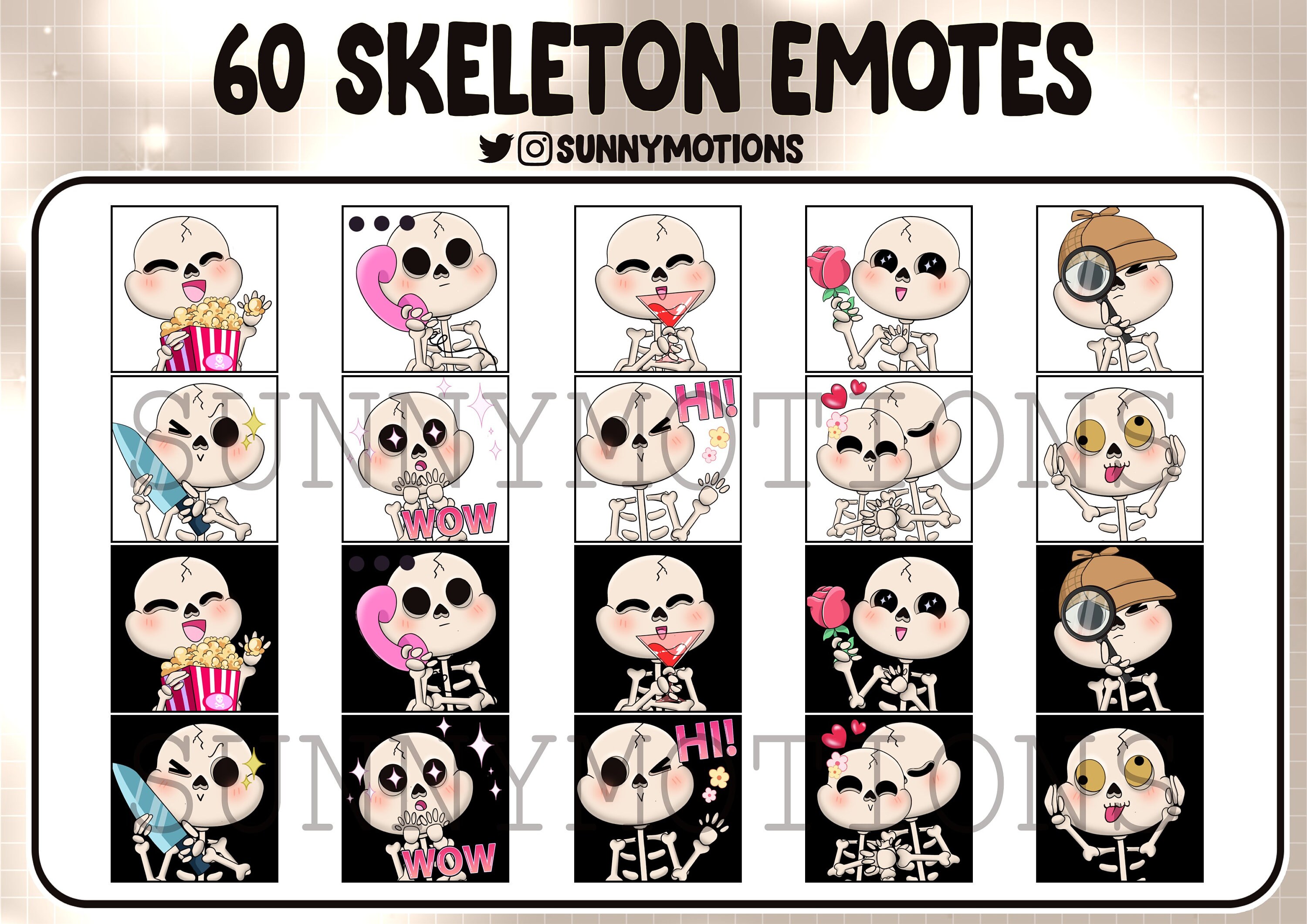 60 Cute Skeleton Twitch Emotes Bundle, Discord, Streamer, Kawai Funny ...