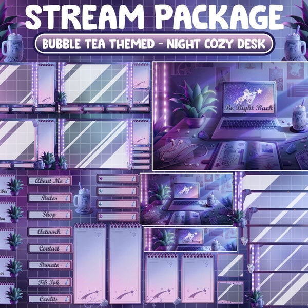 Animated Twitch Stream Package Overlay / Blue Purple Boba Bubble Tea / Retro Lofi Study Desk Night / Cozy Aesthetic Plant Room / Night Time