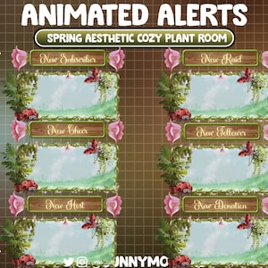 May include: Animated alerts with a spring aesthetic cozy plant room theme. Each alert box features a wooden banner with text like "New Subscriber" and "New Cheer". The boxes are decorated with plants, ladybirds, butterflies, and pink flowers.