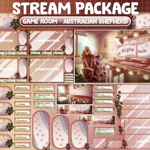 Animated Twitch Stream Package Overlay: Pastel Pink Game Play Set Up Room, Retro Lo-fi Bedroom, Cozy Aesthetic Australian Shepherd Dog Theme
