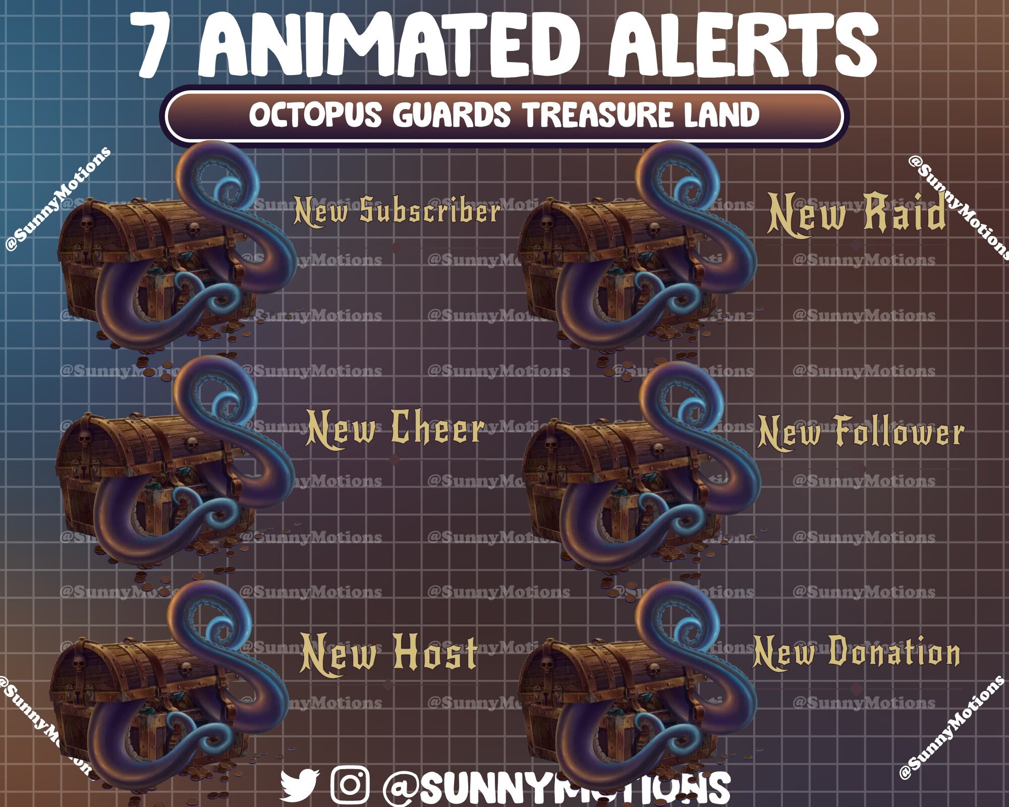 Guard Card Animation ANIMATED Stream Package: Purple Blue Octopus Guards Treasure Chest ...