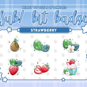 May include: Set of six digital badges featuring a strawberry theme. The badges include a strawberry plant, leaves, a flower, a single strawberry, two strawberries, and a cupcake with a strawberry on top.
