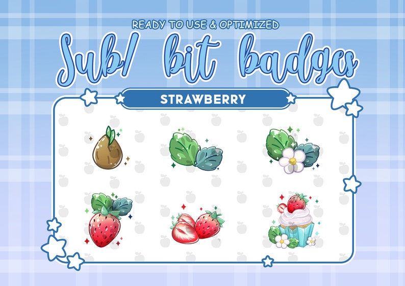 May include: Set of six digital badges featuring a strawberry theme. The badges include a strawberry plant, leaves, a flower, a single strawberry, two strawberries, and a cupcake with a strawberry on top.