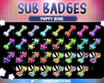 May include: A set of 40 colorful puppy bone Twitch sub badges. The badges are in various colors, including red, blue, green, yellow, and purple. Some of the badges have wings. The text "SUB BADGES" and "PUPPY BONE" is displayed at the top of the image.