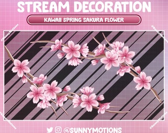 Puede incluir: Una ilustración digital de flores de cerezo rosas sobre un fondo rayado en blanco y negro. El texto "KAWAII SPRING SAKURA FLOWER" se muestra en un rectángulo blanco en la parte superior de la imagen.