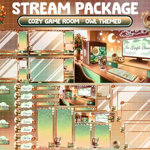 Pakiet ANIMOWANEJ nakładki Twitch do strumienia: Lo-fi Estetyczna brązowa sowa / Domek z kwiatami w kształcie małpy tygrysiej / Przytulny pokój gracza w stylu kawaii sowa / Nocny ptak