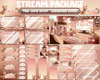 ANIMATED Twitch Overlay Stream Package / Lo-fi Aesthetic Pink Brown PC Set Up Game Room / Retro Pink Roses Plant House / Chihuahua Dog Theme