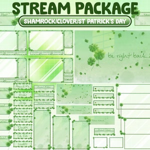 May include: A green and white digital overlay template for streaming with a shamrock and clover theme. The template includes sections for new followers, new subscribers, new cheers, new donations, recent followers, recent cheers, recent donations, about me, ranks, shop, artwork, contact, donate, tik tok, credits, and a be right back section.