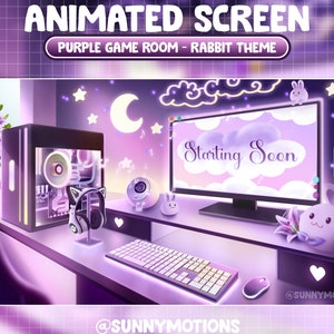 May include: An animated screen in purple and white with the text "Starting Soon" displayed on a computer monitor. The background features a purple and white game room with a rabbit theme. The room includes a computer, keyboard, mouse, and a plush rabbit toy.