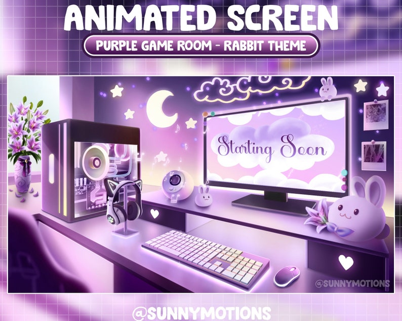 May include: An animated screen in purple and white with the text "Starting Soon" displayed on a computer monitor. The background features a purple and white game room with a rabbit theme. The room includes a computer, keyboard, mouse, and a plush rabbit toy.