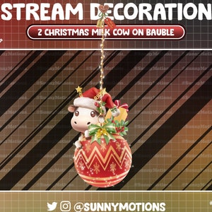 May include: A red and gold Christmas ornament with a white cow wearing a Santa hat inside. The ornament is hanging from a gold chain with a heart-shaped tag that says "STREAM DECORATION".