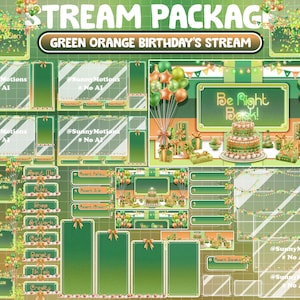 May include: Green and orange birthday stream package with a variety of overlays, including a title card, a be right back screen, and a new follower alert. The overlays feature balloons, confetti, and a birthday cake.