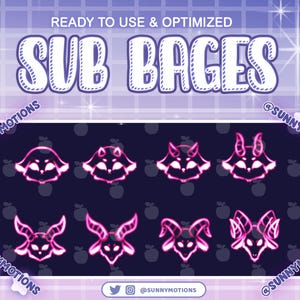 Könnte beinhalten: Ein Satz von acht animierten Twitch-Abo-Badges in Pink und Weiß mit einem niedlichen Cartoon-Charakter mit Hörnern. Die Badges sind mit "SUB BAGES" und "@SUNNYMOTIONS" beschriftet.