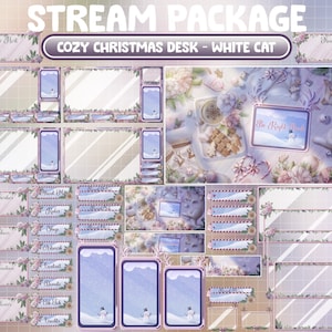 ANIMATIERTES Stream Paket: Gemütlicher Weihnachts Dessert Tisch, Lo-fi Schreibtisch, Weiße Katze, Feiertags Twitch Overlay, Pfingstrose Schokoladen Latte Zuckerstange