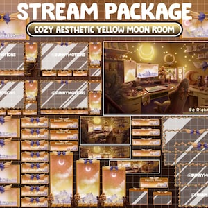 May include: A digital stream package featuring a yellow moon theme with celestial motifs, including overlays, panels, and alerts. The design incorporates purple bows, wings, and clouds. Text includes STREAM PACKAGE, COZY AESTHETIC YELLOW MOON ROOM, and SUNNYMOTIONS.