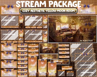 ANIMATED Stream Package: Summer Yellow Sailor Game Room PC Twitch Overlay, Crescent Moon, Star, Celestial Black Luna Cat, Angle Wings, Plant