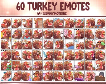 Op de afbeelding: Een set van 60 digitale kalkoen-emoticons met verschillende uitdrukkingen en acties. De emoticons zijn ontworpen in een cartoon-stijl met een bruin en rood kleurenschema. De emoticons zijn gerangschikt in een raster met een witte achtergrond. De tekst "60 TURKEY EMOTES" wordt bovenaan de afbeelding weergegeven. De tekst "@SUNNYMOTIONS" wordt onder de titel weergegeven.