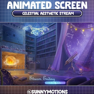 Può includere: Uno schermo animato di colore viola e blu con un'estetica celeste. Lo schermo presenta un cielo notturno stellato, un telescopio, un camino e una libreria. Il testo "Stream Ending" è visualizzato sullo schermo.