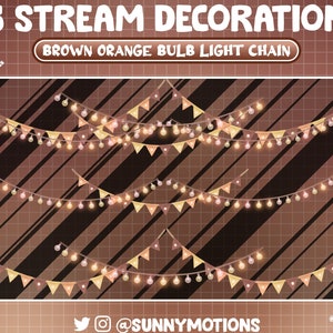 May include: Three sets of brown and orange string lights with triangle flags hanging from them. The lights are on a brown and black striped background. The text "BROWN ORANGE BULB LIGHT CHAIN" is at the top of the image.