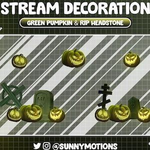 5 animierte grüne Horror-Kürbis-Stream-Dekoration, Rip-Grabstein-Twitch-Overlay, gruseliger Hexen-Halloween-Grabstein-Streamer, OBS, Streamlabs