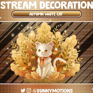 Animowana dekoracja strumienia: Lo-fi estetyczna jesień biały kot, nakładka Kitty Fall Season Twitch, kot zagląda w pomarańczowe liście klonu Alert sceny