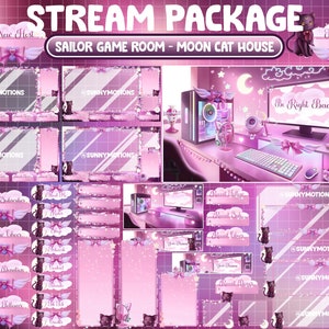 ANIMATED Twitch Overlay Stream Package: Lo-fi Vibe Aesthetic Pink PC Sailor Room, Cozy Black Moon Cat, Angle Wings Girl Princess Room Alert