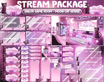 ANIMATED Stream Package: Dreamy Pastel Pink Gaming Setup Twitch Overlay, Magical Girl, Black Cat, Celestial Sailor Moon, Star, Fluffy Cloud