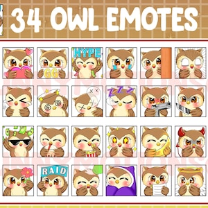 32 simpatici emoticon Twitch Discord del gufo Kawaii / Emoji animale Kawai / Abbonato / Badge sub bit fedeltà / Punti canale / Pacchetto gufo marrone rosa