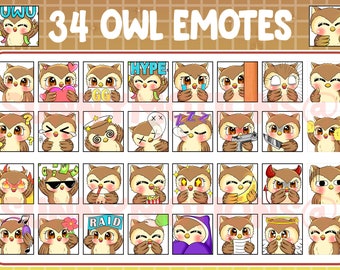 32 Cute Kawaii Owl Twitch Discord Emotes / Kawai Animal Emoji / Subscriber / Loyalty Sub Bit Badges / Channel Points / Pink Brown Owl Bundle