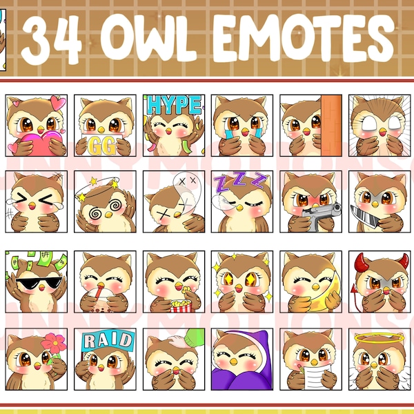 32 Cute Kawaii Owl Twitch Discord Emotes / Kawai Animal Emoji / Subscriber / Loyalty Sub Bit Badges / Channel Points / Pink Brown Owl Bundle