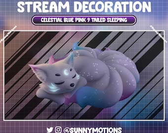 Animerad strömdekoration: Natt Japansk Vit Blå Rosa 9-svansad Räv Twitch Overlay, Celestial Witchy Spirit Foxy Estetik Vtuber-Asset